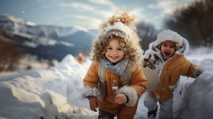 Fototapeta na wymiar Cheerful baby enjoying the snow, smiling and looking at the camera.