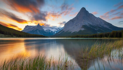 scenic sunset over vermilion lake and mount rundle in banff national park alberta canada long exposure