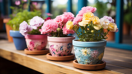 Decoupage wooden planters: Wooden planters adorned with floral decoupage, turning your garden into a botanical oasis - obrazy, fototapety, plakaty
