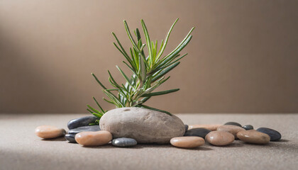 tranquil wellness rosemary and pebbles on minimalist neutral background nature series