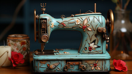 Decoupage vintage sewing machine: A vintage sewing machine beautifully decoupaged with sewing-themed motifs, a nod to crafting history