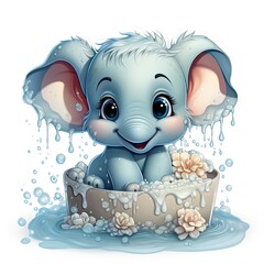 Delightful baby elephant in tub, splashing water, surrounded by bubbles and delicate flowers.