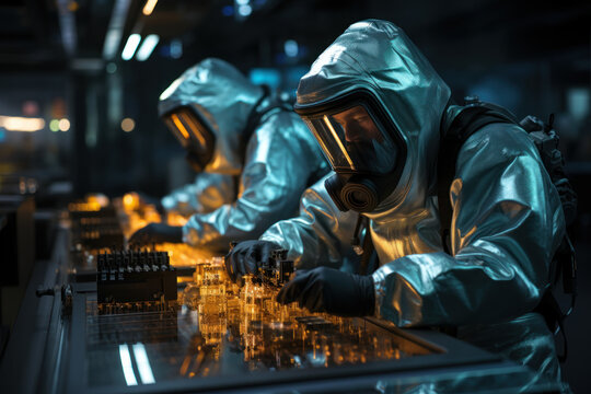 Scientists in protective gear working in a highly controlled environment with radioactive materials. Concept of nuclear research and safety protocols. Generative Ai.