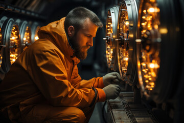 Fototapeta na wymiar A technician inspecting the cooling system of a nuclear reactor, underlining the importance of heat management in atomic energy. Concept of thermal regulation. Generative Ai.