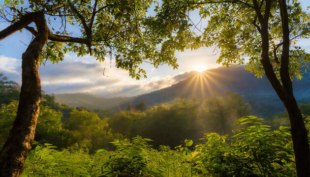 scenic forest of fresh green deciduous trees framed by leaves with the sun casting its warm rays through the foliage