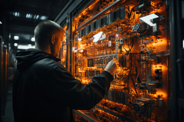Fototapeta na wymiar Technicians inspecting the safety features of a nuclear power plant, emphasizing rigorous safety measures. Concept of nuclear safety. Generative Ai.