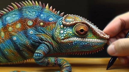 Close-up of a colorful chameleon on a wooden table. Wildlife Concept. Background with Copy Space.
