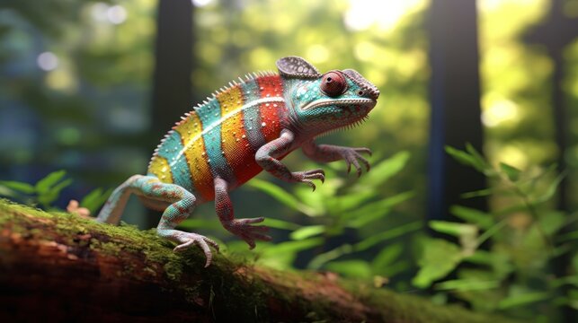Colorful chameleon in the jungle. Wildlife scene from nature. Wildlife Concept. Background with Copy Space.