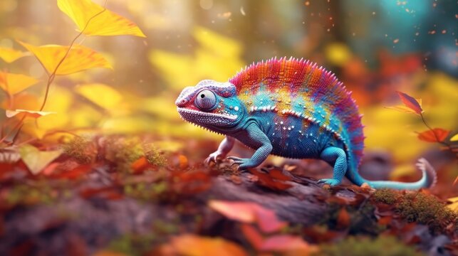 Colorful chameleon in the forest. Animal in nature. Wildlife Concept. Background with Copy Space.