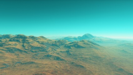 Mars like red planet, with arid landscape, rocky hills and mountains, for space exploration and science fiction backgrounds.
