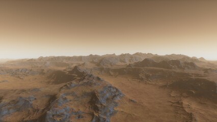 Fototapeta na wymiar Mars like red planet, with arid landscape, rocky hills and mountains, for space exploration and science fiction backgrounds. 