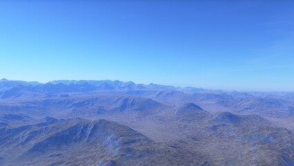 Mars like red planet, with arid landscape, rocky hills and mountains, for space exploration and science fiction backgrounds.
