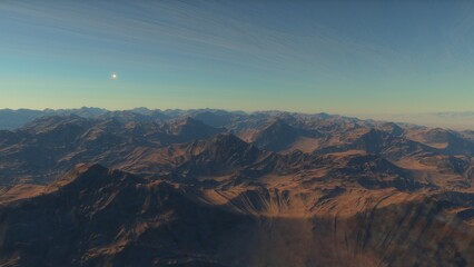 Mars like red planet, with arid landscape, rocky hills and mountains, for space exploration and science fiction backgrounds.
