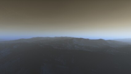 Mars like red planet, with arid landscape, rocky hills and mountains, for space exploration and science fiction backgrounds.
