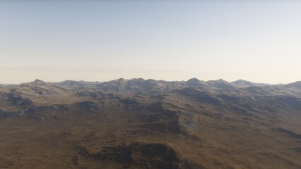 Mars like red planet, with arid landscape, rocky hills and mountains, for space exploration and science fiction backgrounds.
