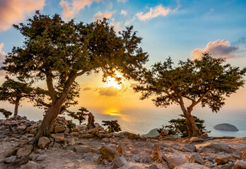 Sunset on Rhodes island seen from Monolithos castle, Greece - obrazy, fototapety, plakaty