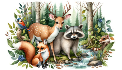 Watercolor, woodland animals, forest, round eyes, gentleness, nature, trees, muted tones, serene, warm 16