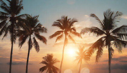 Fototapeta na wymiar tropical palm coconut trees on sunset sky flare and bokeh nature background