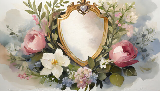 an oil painting of enchanted crest elegant sentiments an oil painting capturing the watercolor wedding crest surrounded by enchanting elements generative ai digital illustration