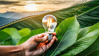hand holding light bulb against nature on green leaf with energy sources sustainable developmen and responsible environmental energy sources for renewable ecology concept - Powered by Adobe