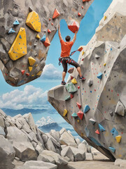 Bouldern Felsklettern Outdoor an der Felswand als Extremsport. Kletterer Fitness Abenteuer an der Kletterwand.