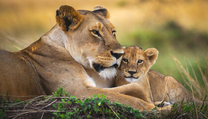 lioness mother with young cub snuggling in to her taken in the masai mara kenya