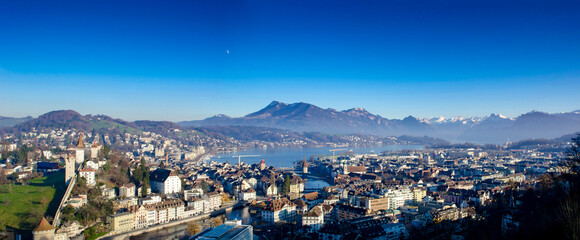 Landscape of the city of Lucerne with lake and mountains - obrazy, fototapety, plakaty