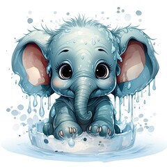 Curious baby elephant peeking through water, intricately detailed with splashes and droplets. Great for children's content.