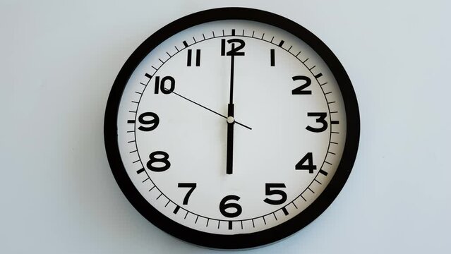 Closeup of White Clock Face on white wall clock, arrows show 18:00 or 06:00