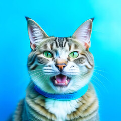 portrait of a beautiful short-haired cat, the cat meows, opens its mouth
