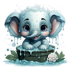 Adorable baby elephant enjoying a splash, big expressive eyes, surrounded by water droplets and white flower.