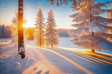 Winter snow landscape. Christmas background. Fir tree forest on ski mountain. Nature dawn sunrise light, sun in sunset sky Pine wood scenery beauty Cold blue color ice. Xmas travel morning snowy scene - obrazy, fototapety, plakaty