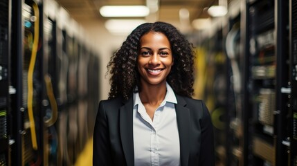 Portrait of Black woman engineer tech in computer server room - obrazy, fototapety, plakaty