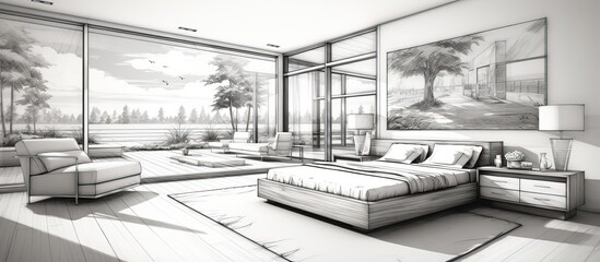 Interior perspective of a black and white bedroom sketch - obrazy, fototapety, plakaty