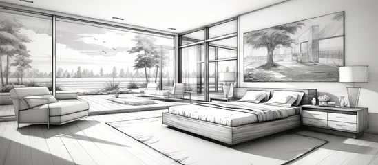 Tuinposter Interior perspective of a black and white bedroom sketch © Vusal