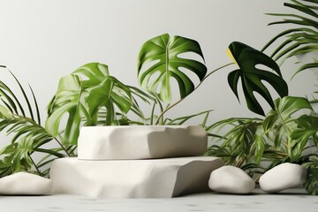 Fototapeta na wymiar Podium with tropical plants on white background. Mockup for Branding and Packaging Presentation. Product Advertising Podium On a Background with Copy Space.