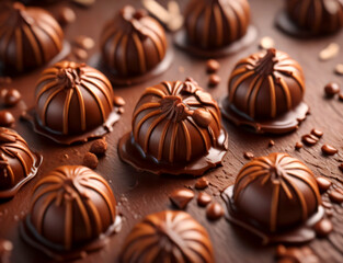 Fototapeta premium Handmade Premium collection of Chocolate Candies on a dark Chocolate background.