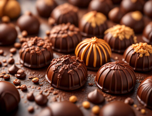 Obraz premium Handmade Premium collection of Chocolate Candies on a dark Chocolate background.