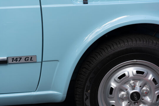 Detail of a light blue Fiat model 147 car at an exhibition of vintage cars in the city of Salvador, Bahia.