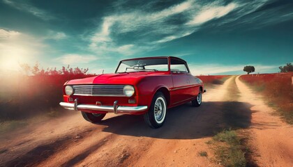 Obraz premium Dramatic shades sport red car on a dirt road
