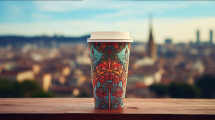 Coffee to go in paper cup with floral pattern and cityscape on the background