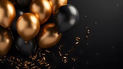 Dark Gold Balloons in front of a Bokeh Background. Festive Template for Holidays and Celebrations