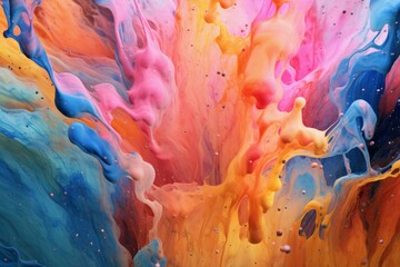 Colorful liquid background with paint spray drops in watercolor paints: orange, blue, red, and pink. Generative AI