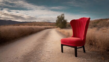 red chair on a dirt road, 