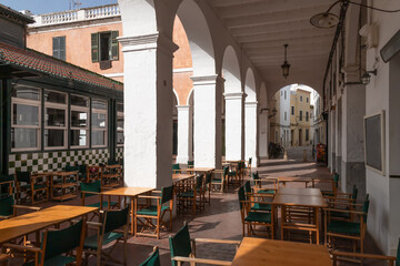 Municipal market with arches - Menorca Ciutadella Mercat, in the market square - plaza de la...