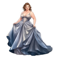 Beautiful curvy woman wearing an elaborate, fancy ballgown, isolated on transparent background