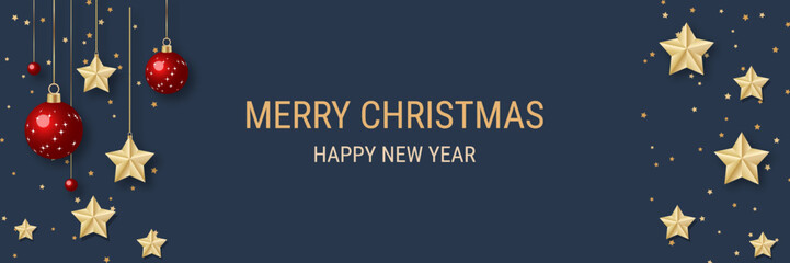 Christmas and New Year luxury vector illustration. Black background with golden stars and snowflakes