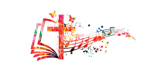 Creative music style template vector illustration, colorful cross with music staff and notes background. Religion themed design for gospel church music and concert, choir singing, Christianity, prayer