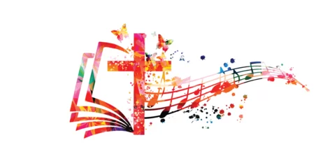 Foto op Canvas Creative music style template vector illustration, colorful cross with music staff and notes background. Religion themed design for gospel church music and concert, choir singing, Christianity, prayer © abstract