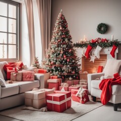 Obraz premium Presents and Wrapped Gifts boxes under Christmas Tree, Winter Holiday Concept